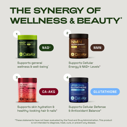 CEO's Bundle - Cata-Kor Liposomal Glutathione 500 mg, NMN 1000 mg, NAD+ Advanced 500 mg, CA AKG 1000 mg, Biotin, MSM, TMG, Hyaluronic Acid