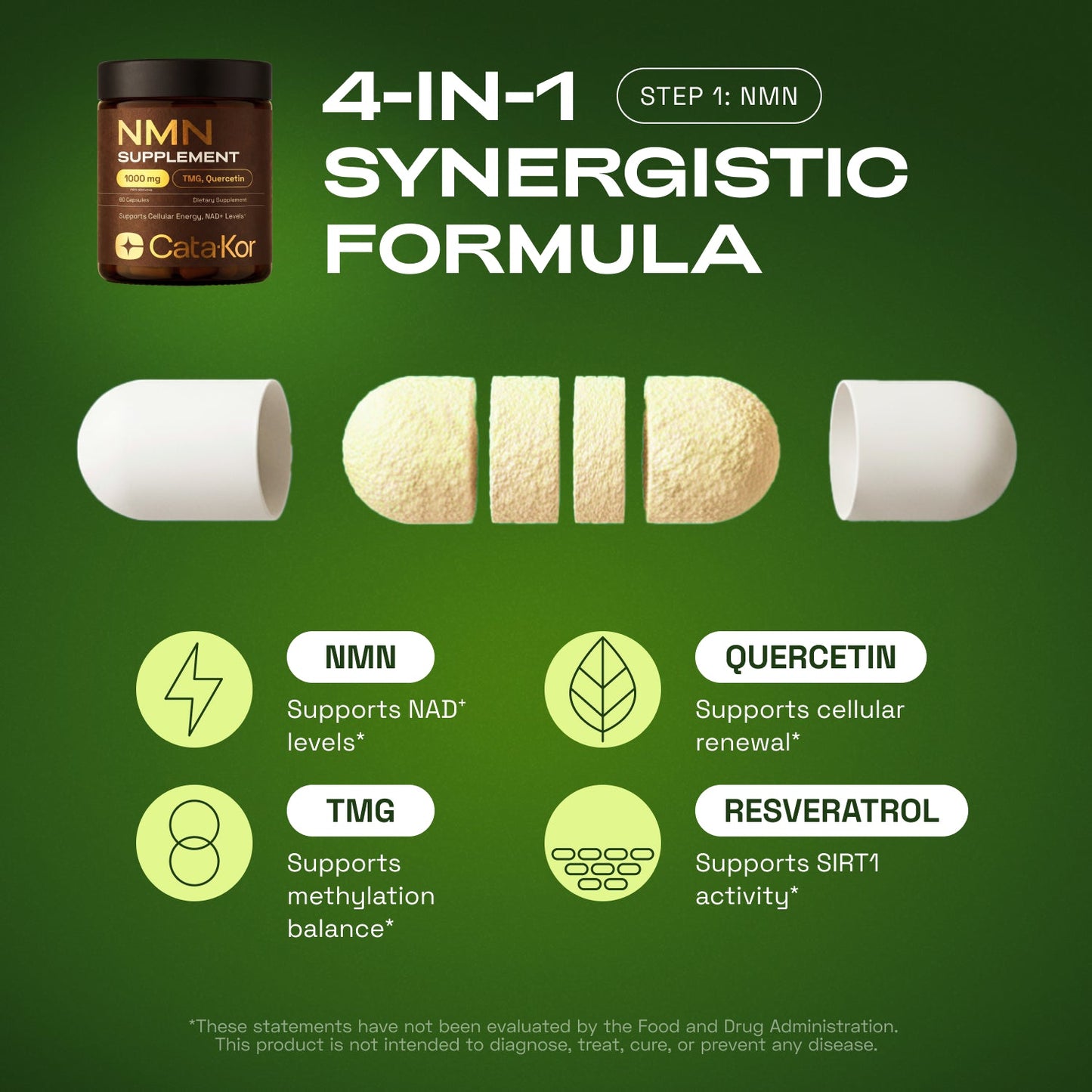 Cata-Kor Ultimate Longevity - NMN 1000 mg, Liposomal Glutathione 500 mg, CA AKG, Biotin, Hyaluronic Acid, MSM, Vitamin C
