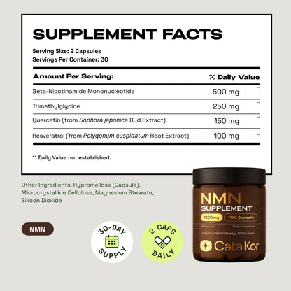 Cata-Kor Energy & Defense DUO - NMN 1,000 mg, Liposomal Glutathione 500 mg, Vitamin C, TMG, Resveratrol