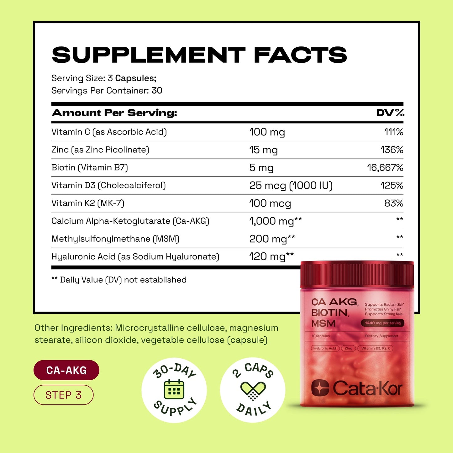 Cata-Kor Ultimate Longevity - NMN 1000 mg, Liposomal Glutathione 500 mg, CA AKG, Biotin, Hyaluronic Acid, MSM, Vitamin C
