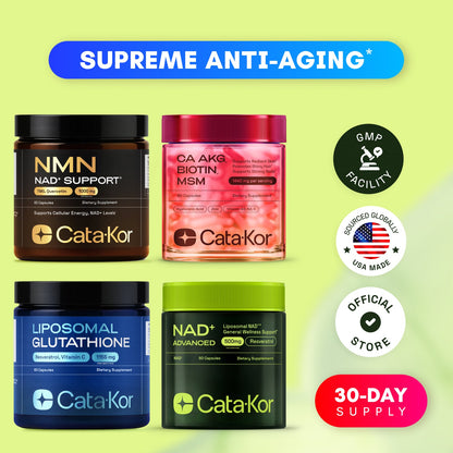 CEO's Bundle - Cata-Kor Liposomal Glutathione 500 mg, NMN 1000 mg, NAD+ Advanced 500 mg, CA AKG 1000 mg, Biotin, MSM, TMG, Hyaluronic Acid